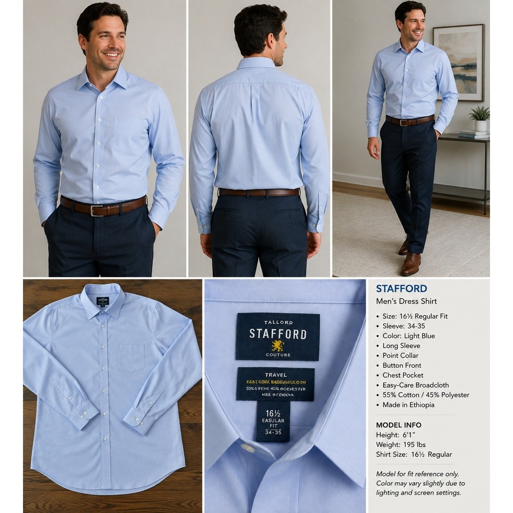 Stafford Couture Travel Dress Shirt Light Blue 16.5 34-35 Regular Fit Broadcloth